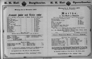 Theaterzettel (Oper und Burgtheater in Wien) 18771105 Seite: 1