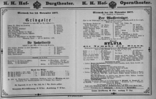 Theaterzettel (Oper und Burgtheater in Wien) 18771114 Seite: 1