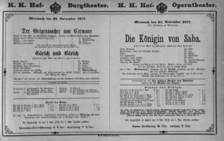 Theaterzettel (Oper und Burgtheater in Wien) 18771121 Seite: 1