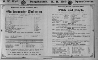 Theaterzettel (Oper und Burgtheater in Wien) 18771129 Seite: 1