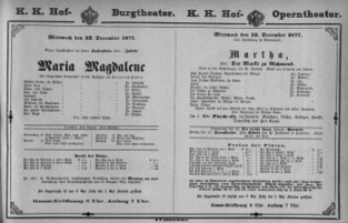 Theaterzettel (Oper und Burgtheater in Wien) 18771212 Seite: 1