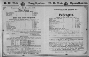 Theaterzettel (Oper und Burgtheater in Wien) 18771220 Seite: 1