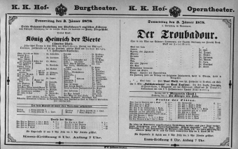 Theaterzettel (Oper und Burgtheater in Wien) 18780103 Seite: 1