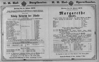 Theaterzettel (Oper und Burgtheater in Wien) 18780104 Seite: 1