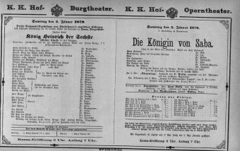 Theaterzettel (Oper und Burgtheater in Wien) 18780105 Seite: 1