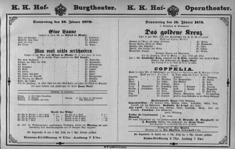 Theaterzettel (Oper und Burgtheater in Wien) 18780110 Seite: 1