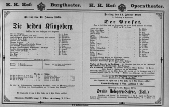 Theaterzettel (Oper und Burgtheater in Wien) 18780111 Seite: 1