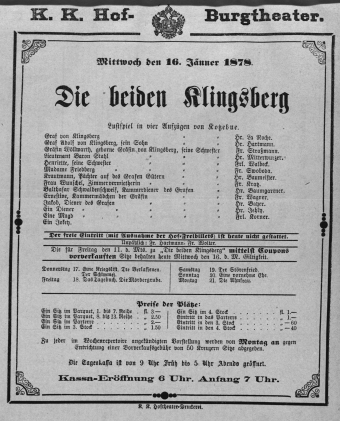 Theaterzettel (Oper und Burgtheater in Wien) 18780116 Seite: 1
