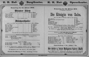 Theaterzettel (Oper und Burgtheater in Wien) 18780214 Seite: 1