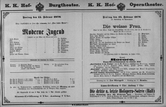Theaterzettel (Oper und Burgtheater in Wien) 18780215 Seite: 1