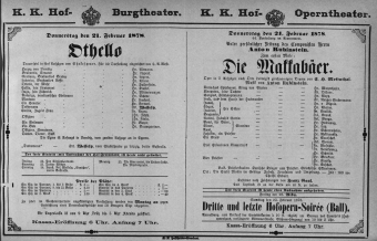 Theaterzettel (Oper und Burgtheater in Wien) 18780221 Seite: 1