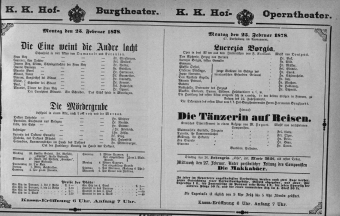 Theaterzettel (Oper und Burgtheater in Wien) 18780225 Seite: 1