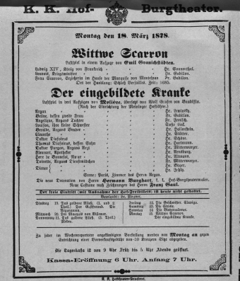 Theaterzettel (Oper und Burgtheater in Wien) 18780318 Seite: 1