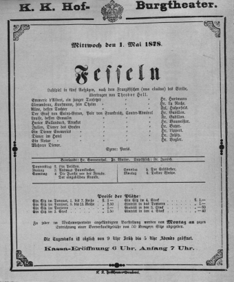 Theaterzettel (Oper und Burgtheater in Wien) 18780501 Seite: 1