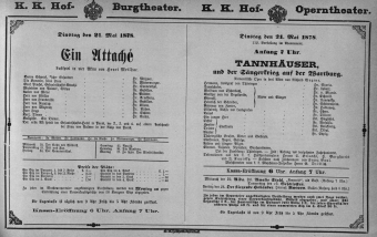 Theaterzettel (Oper und Burgtheater in Wien) 18780521 Seite: 1