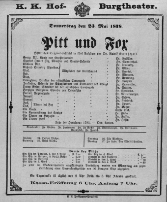 Theaterzettel (Oper und Burgtheater in Wien) 18780523 Seite: 1