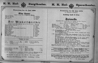 Theaterzettel (Oper und Burgtheater in Wien) 18780613 Seite: 1