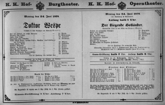 Theaterzettel (Oper und Burgtheater in Wien) 18780624 Seite: 1