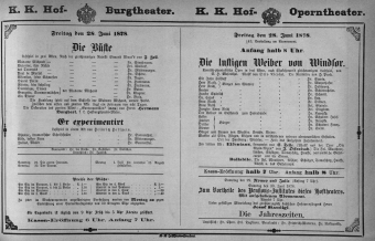 Theaterzettel (Oper und Burgtheater in Wien) 18780628 Seite: 1