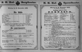 Theaterzettel (Oper und Burgtheater in Wien) 18780909 Seite: 1