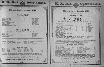 Theaterzettel (Oper und Burgtheater in Wien) 18780911 Seite: 1