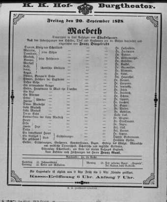Theaterzettel (Oper und Burgtheater in Wien) 18780920 Seite: 1