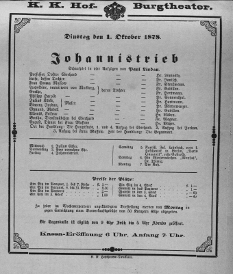 Theaterzettel (Oper und Burgtheater in Wien) 18781001 Seite: 1