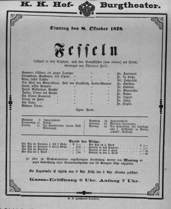 Theaterzettel (Oper und Burgtheater in Wien) 18781008 Seite: 1