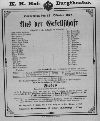 Theaterzettel (Oper und Burgtheater in Wien) 18781017 Seite: 1