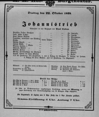 Theaterzettel (Oper und Burgtheater in Wien) 18781022 Seite: 1