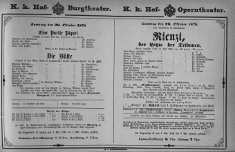 Theaterzettel (Oper und Burgtheater in Wien) 18781026 Seite: 1
