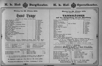 Theaterzettel (Oper und Burgtheater in Wien) 18781028 Seite: 1
