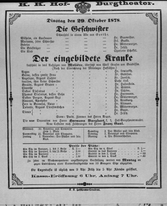 Theaterzettel (Oper und Burgtheater in Wien) 18781029 Seite: 1