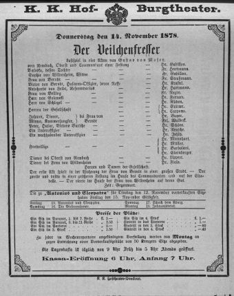Theaterzettel (Oper und Burgtheater in Wien) 18781114 Seite: 1
