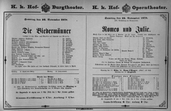 Theaterzettel (Oper und Burgtheater in Wien) 18781116 Seite: 1