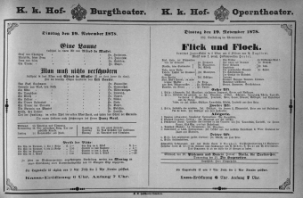 Theaterzettel (Oper und Burgtheater in Wien) 18781119 Seite: 1