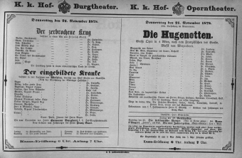 Theaterzettel (Oper und Burgtheater in Wien) 18781121 Seite: 1