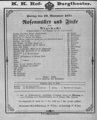 Theaterzettel (Oper und Burgtheater in Wien) 18781122 Seite: 1