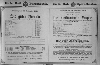 Theaterzettel (Oper und Burgtheater in Wien) 18781123 Seite: 1