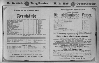 Theaterzettel (Oper und Burgtheater in Wien) 18781126 Seite: 1