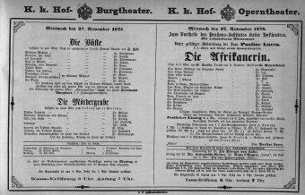 Theaterzettel (Oper und Burgtheater in Wien) 18781127 Seite: 1