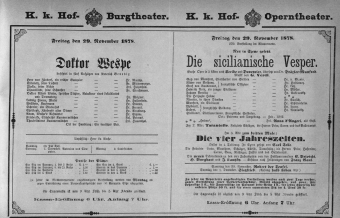 Theaterzettel (Oper und Burgtheater in Wien) 18781129 Seite: 1