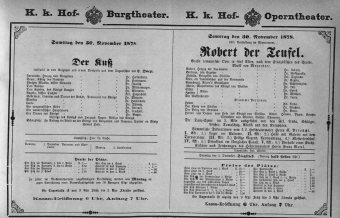 Theaterzettel (Oper und Burgtheater in Wien) 18781130 Seite: 1