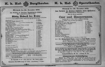 Theaterzettel (Oper und Burgtheater in Wien) 18781223 Seite: 1
