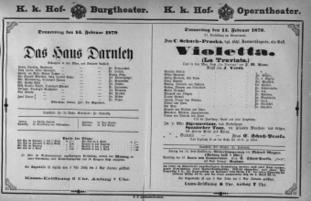 Theaterzettel (Oper und Burgtheater in Wien) 18790213 Seite: 1
