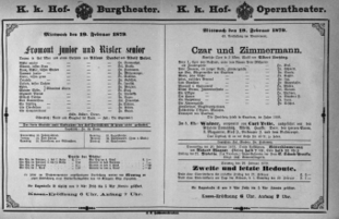 Theaterzettel (Oper und Burgtheater in Wien) 18790219 Seite: 1