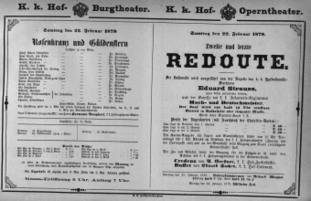 Theaterzettel (Oper und Burgtheater in Wien) 18790222 Seite: 1