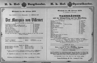 Theaterzettel (Oper und Burgtheater in Wien) 18790226 Seite: 1
