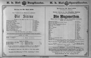 Theaterzettel (Oper und Burgtheater in Wien) 18790425 Seite: 1
