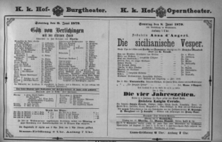Theaterzettel (Oper und Burgtheater in Wien) 18790608 Seite: 1